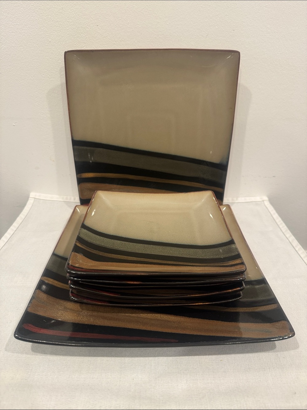 Sango Square Striped Avanti Black Salad & Dinner Plate Set of 7 Brown and Black
